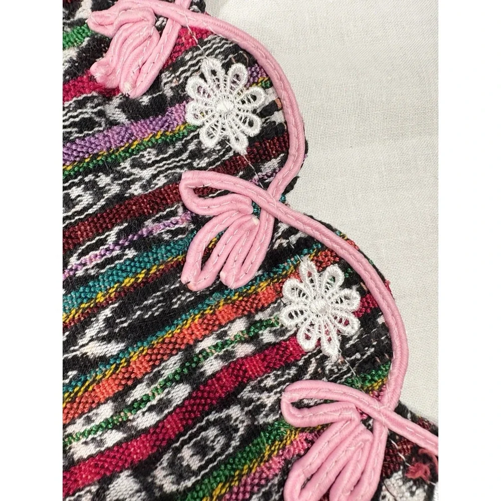 Vintage Boho Woven Apron Multicolor Ethnic Stripe Pink‎ Floral Trim Zipper 48''